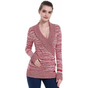 AmélieBoutik Women V Neck Faux Wrap Long Sleeve Marled Tunic Sweater