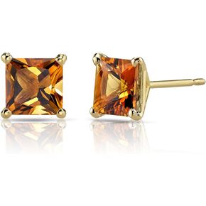 Peora 14K Yellow Gold Genuine Citrine Stud Earrings for Women, 2 Carats Princess Cut Classic Solitaire, AAA Grade, Friction Back in Kuwait