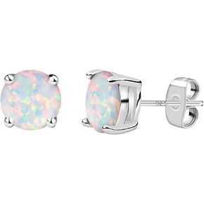Savlano 925 Solid Sterling Silver 6MM Round Created Opal Stud Earrings, Comes with Gift Box for Women & Girls