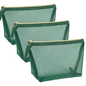 3pcs Mesh Cosmetic Bags, Nylon Makeup Pouches with Leather Pull and Golden Zipper for Purse Diaper Bag (Emerald Green)