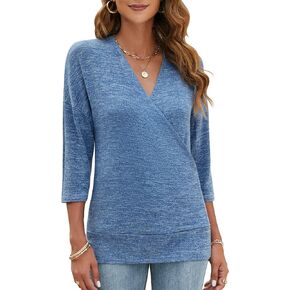 Ferriweel Womens 3/4 Sleeve Cross Wrap V Neck Tops Knit Tunic Blouse Casual Shirts