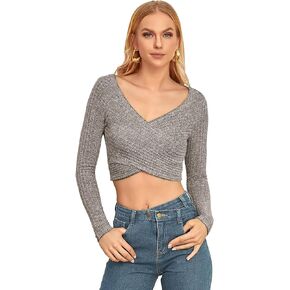 Womens Thin Lightweight Ribbed Knit Tunics Pullover Sweaters Notch V Neck Long Sleeve Crop Top Henley Shirt Stretchy Basic