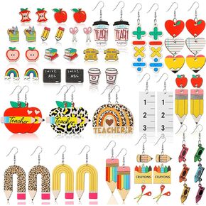 Huquary 24 Pairs Teacher Earrings Wooden Teacher Studs Colorful Pencil Apple Rainbow Shaped Dangle Earrings Lightweight Teacher Earrings for Teacher Student Appreciation Gifts Back to School Gifts