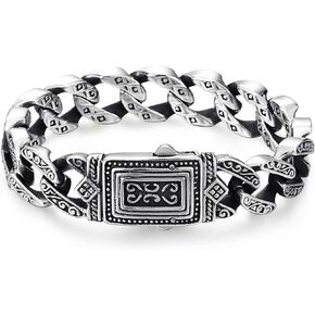 COOLSTEELANDBEYOND Mens Retro Style Steel Vintage Curb Chain Bracelet Engraving with Tribal Tattoo Pattern, Spring Clasp