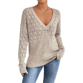 SweatyRocks Women's Long Sleeve Drop Shoulder Sweater Casual V Neck Pullover Knit Sweater Blouses