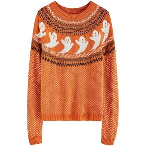 CHICWISH Women's Black/Army Green/Orange Cute Ghost Long Sleeves Halloween Knit Sweater Pullover