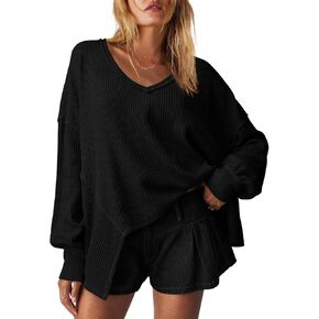 قمصان نسائية كبيرة الحجم بأكمام طويلة من LAMISCHE سترة منسوجة كاجوال فضفاضة ورقبة على شكل حرف V بلوفر تونيك (01-أسود، M) in Kuwait