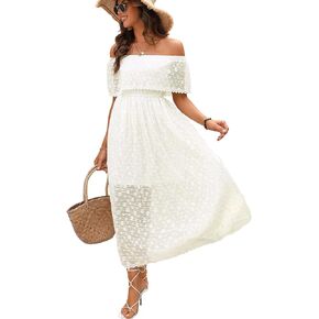 Atnlewhi Womens Lace Floral Off The Shoulder Ruffle Wedding Guest Maxi Dresses for Party Cocktail