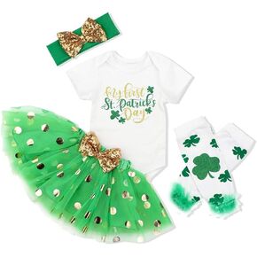KANGKANG St Patricks Day Baby Girl Outfit My First St Patricks Day Romper + Green Lace skirt + Socks Headband 4Pcs Spring Set