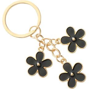 Double Side Flowers Charms Enameled Keychain Tassel Keyring For Women Girls Gifts Purse Bag Accessories-Black