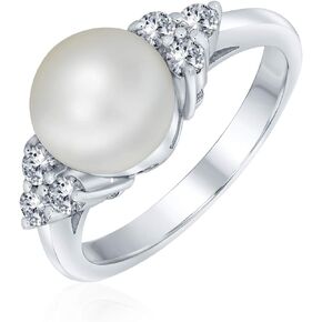 Bling Jewelry Personalize Bridal Party CZ Halo Side Stones White Solitaire Freshwater Cultured Pearl Engagement Cocktail Ring For Women .925 Sterling Silver Customizable