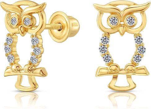 تيلو جيويليري اقراط مرصعة بومة صغيرة من الذهب الاصفر عيار 10 قيراط مرصعة باحجار الزركونيا المكعبة مع براغي خلفية من الذهب الاصفر والزركونيا المكعبة, الذهب الأصفر, مكعب زركونيا in Kuwait