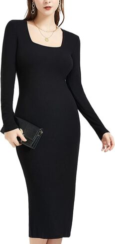 المرأة مضلع محبوك البلوز البلوزات Bodycon فستان منخفض ساحة العنق فستان بكم طويل حفلة كوكتيل فستان ميدي in Kuwait