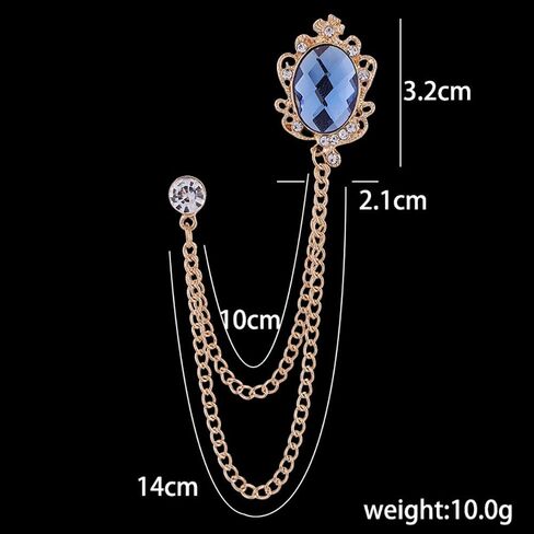 Vintage Gemstone Chain Brooch Pin,Rhinestone Long Chain Tassel Suit Pin Zircon Oval Gem Lapel Pin Jewelry for Women Men in Kuwait