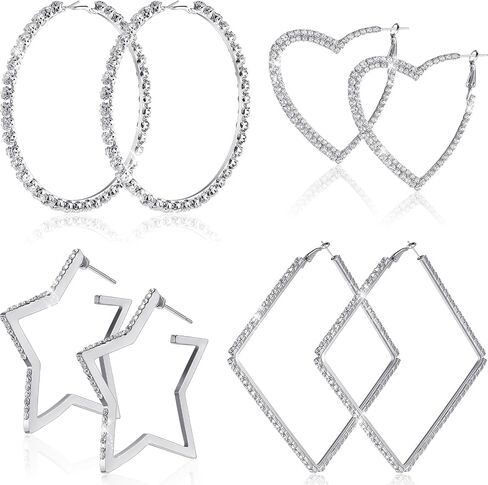 Yaomiao 4 Pairs Large Rhinestones Hoop Earrings Exaggerate Big Crystal Diamond Hoop Earrings Bling Earrings for Women Wedding Accessories Show Accessories Wedding, Beach, Party, Christmas in Saudi Arabia