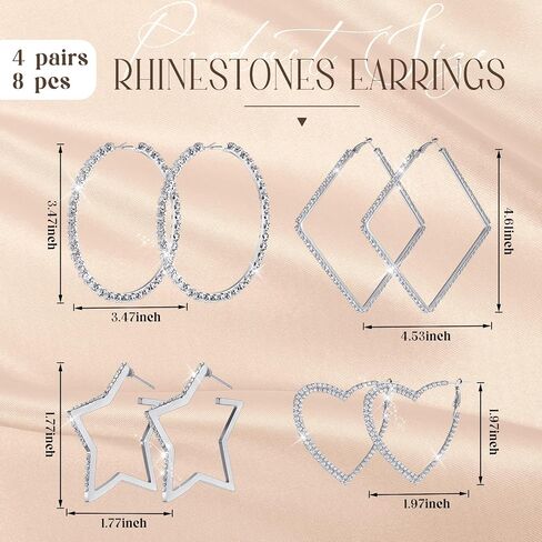 Yaomiao 4 Pairs Large Rhinestones Hoop Earrings Exaggerate Big Crystal Diamond Hoop Earrings Bling Earrings for Women Wedding Accessories Show Accessories Wedding, Beach, Party, Christmas in Saudi Arabia