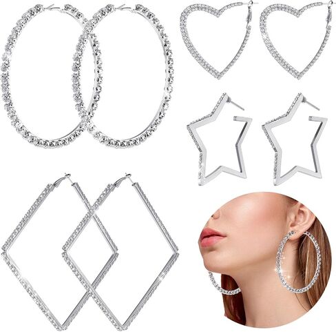 Yaomiao 4 Pairs Large Rhinestones Hoop Earrings Exaggerate Big Crystal Diamond Hoop Earrings Bling Earrings for Women Wedding Accessories Show Accessories Wedding, Beach, Party, Christmas in Saudi Arabia