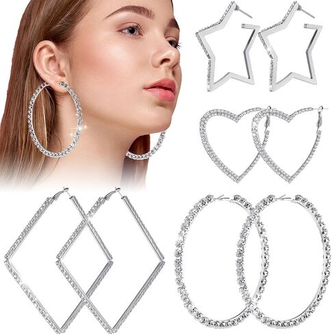 Yaomiao 4 Pairs Large Rhinestones Hoop Earrings Exaggerate Big Crystal Diamond Hoop Earrings Bling Earrings for Women Wedding Accessories Show Accessories Wedding, Beach, Party, Christmas in Saudi Arabia