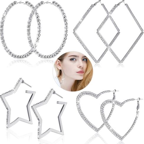 Yaomiao 4 Pairs Large Rhinestones Hoop Earrings Exaggerate Big Crystal Diamond Hoop Earrings Bling Earrings for Women Wedding Accessories Show Accessories Wedding, Beach, Party, Christmas in Saudi Arabia