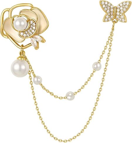 Golden Flower Pearl Brooch Pins Women Chain Butterfly Cameo Brooch Pins for Clothes, Skirts, Dresses, Pants in Saudi Arabia