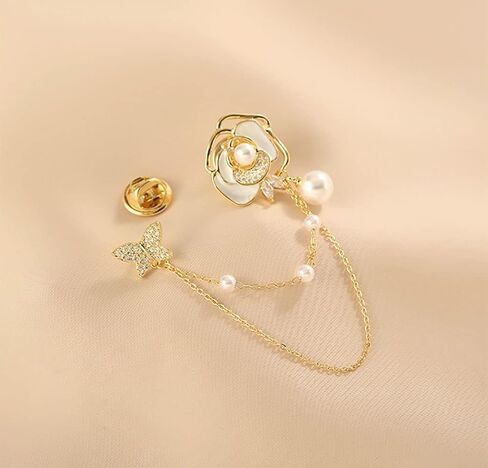 Golden Flower Pearl Brooch Pins Women Chain Butterfly Cameo Brooch Pins for Clothes, Skirts, Dresses, Pants in Saudi Arabia