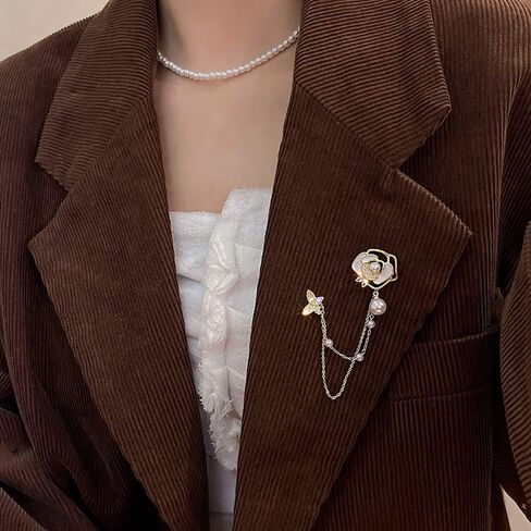 Golden Flower Pearl Brooch Pins Women Chain Butterfly Cameo Brooch Pins for Clothes, Skirts, Dresses, Pants in Saudi Arabia