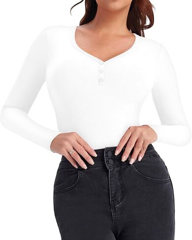 قمصان HERLOLLYCHIPS النسائية بأكمام طويلة ورقبة على شكل حرف V وأزرار هينلي مضلعة in Kuwait
