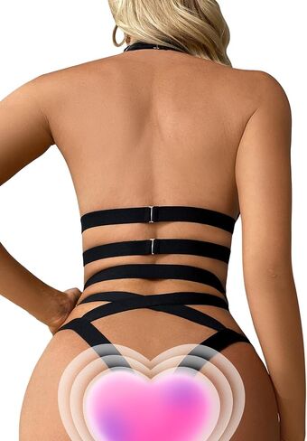 Lilosy Sexy Wireless Halter Mesh Sheer O Ring Linked Harness Women Strappy Lingerie Set Bra Panty 2 Piece Black Medium in Saudi Arabia