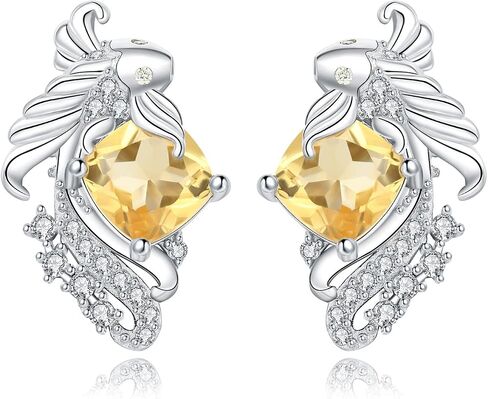 JewelryPalace Lucky Koi Fish Cushion Genuine Citrine Stud Earrings Gemstone Jewelry Set 14K White Gold 925 Sterling Silver, Metal, Citrine in Saudi Arabia