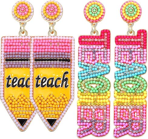 2/3 Pairs Pencil Earrings Teacher Earrings for Women Rhinestone Beaded Dangle Drop Earrings Colorful Teacher Appreciation Gift Back To School Jewelry Set in Saudi Arabia