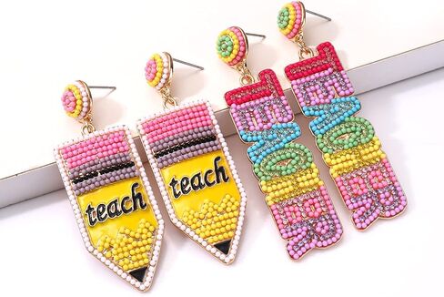 2/3 Pairs Pencil Earrings Teacher Earrings for Women Rhinestone Beaded Dangle Drop Earrings Colorful Teacher Appreciation Gift Back To School Jewelry Set in Saudi Arabia