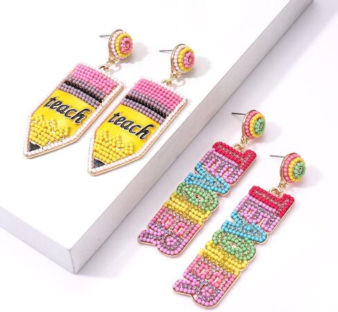 2/3 Pairs Pencil Earrings Teacher Earrings for Women Rhinestone Beaded Dangle Drop Earrings Colorful Teacher Appreciation Gift Back To School Jewelry Set in Saudi Arabia