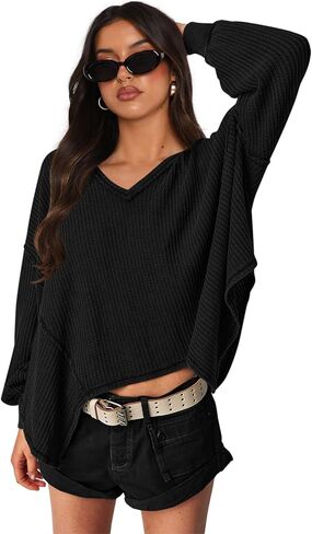 قمصان نسائية كبيرة الحجم بأكمام طويلة من LAMISCHE سترة منسوجة كاجوال فضفاضة ورقبة على شكل حرف V بلوفر تونيك (01-أسود، M) in Kuwait