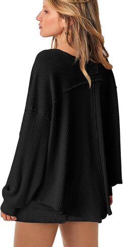 قمصان نسائية كبيرة الحجم بأكمام طويلة من LAMISCHE سترة منسوجة كاجوال فضفاضة ورقبة على شكل حرف V بلوفر تونيك (01-أسود، M) in Kuwait