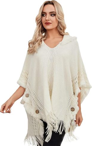 EREPIAO Soft and Warm Pullover Poncho Sweater with Hood - Fashionable Cape for Women, White, 70*80cm in Saudi Arabia
