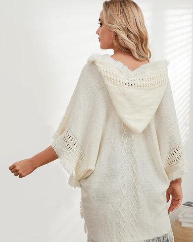EREPIAO Soft and Warm Pullover Poncho Sweater with Hood - Fashionable Cape for Women, White, 70*80cm in Saudi Arabia