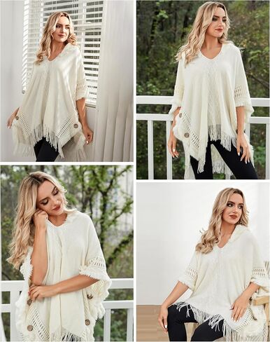 EREPIAO Soft and Warm Pullover Poncho Sweater with Hood - Fashionable Cape for Women, White, 70*80cm in Saudi Arabia