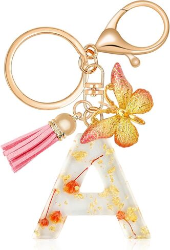 Annrybor العصرية الحروف الأبجدية الأولية المفاتيح السوداء شرابة زهرة لطيف حلقة رئيسية للمحفظة الملحقات هدية النساء الفتيات in Kuwait