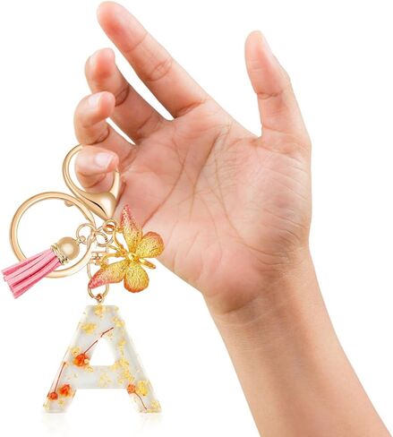 Annrybor العصرية الحروف الأبجدية الأولية المفاتيح السوداء شرابة زهرة لطيف حلقة رئيسية للمحفظة الملحقات هدية النساء الفتيات in Kuwait