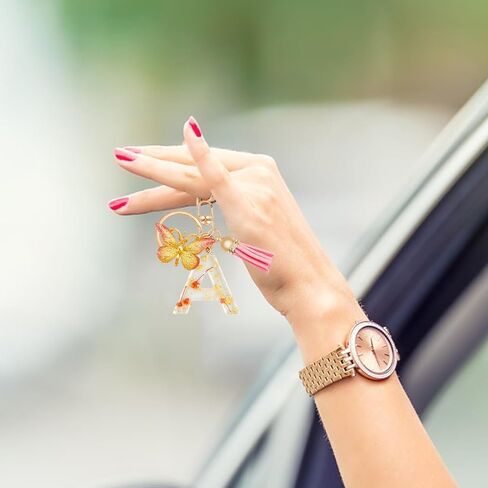 Annrybor العصرية الحروف الأبجدية الأولية المفاتيح السوداء شرابة زهرة لطيف حلقة رئيسية للمحفظة الملحقات هدية النساء الفتيات in Kuwait