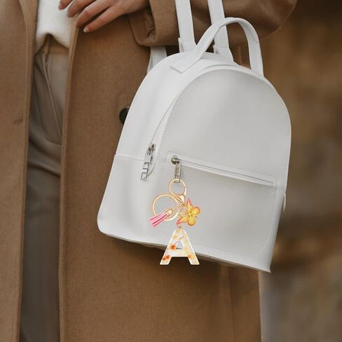 Annrybor العصرية الحروف الأبجدية الأولية المفاتيح السوداء شرابة زهرة لطيف حلقة رئيسية للمحفظة الملحقات هدية النساء الفتيات in Kuwait