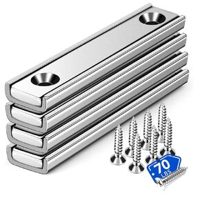 MIKEDE Super Strong Neodymium Bar Magnets, 70lbs Heavy Duty Rectangular Pot Magnets with Countersunk Hole for Wall Mounting, Earth Magnets with Screws for Home, Garage, Workplace- 60x13.5x5mm, 4 Pack