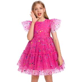 Little Girl Sequin Star Tulle Tutu Dress Toddler Kids Ruffles Sleeve Flower Girl Wedding Party Princess Birthday Dresses