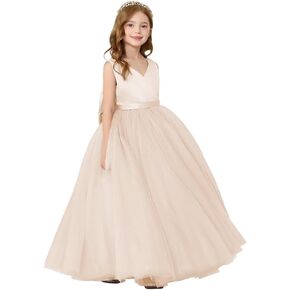 JISISANG Backless Flower Girl Puffy Tulle Tutu Dress for Wedding Kids First Communion Satin Tulle Dress Ball Gowns with Bow