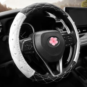 Leather Steering Wheel Cover, Breathable Anti-Slip Black White Universal Fit 14" 1/2-15" Car Wheel Protector for Women Girl Fit Suvs,Vans,Sedans,Car,Trucks (Black)