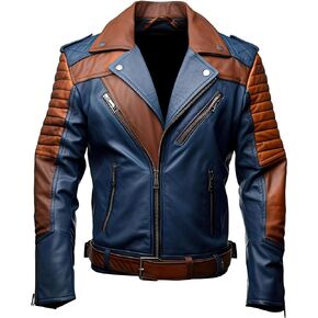 Men’s Brown Blue Genuine Sheepskin Biker Outfit Quilted Casual Classy Motorcycle Racer Leather Jacket