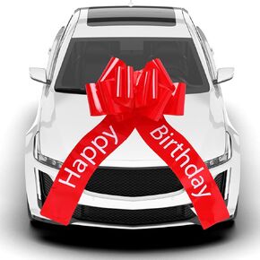 Zeyune 2 Pcs Giant Birthday Car Bow Big Red Happy Birthday Pull Bows for Gift Wrapping Huge Car Bow Ribbon Wrapping Pull Bows for Cars, Extra Large Birthday Presents and Holiday Decor(16 Inch)