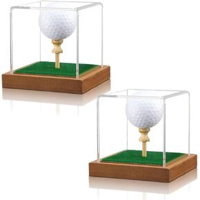 RattanView 2 Pcs Acrylic Golf Ball Display Case Clear Memorabilia Cube Holder with Wood Base Dust Protection Transparent Storage Box for Golf Ball Enthusiasts Single Ball Souvenir Golf ball Collection
