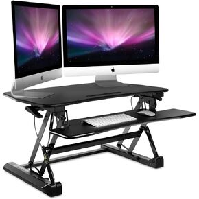 Mount-It! Height Adjustable Standing Desk Converter | 35" Wide Desktop | Sit-Stand Desk with Gas Spring Handle | Stand Up Computer Workstation Fits Dual Monitors | Black (MI-7955)