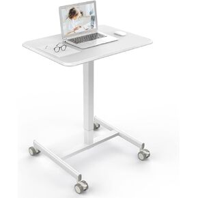 Small Standing Laptop Desk Mobile Standing Desk Manual Adjustable Home Office Desk Height from 28.5“ to 42.7" Rolling Standing Desk 48" x 65“ for Working, Meeting, Teaching, Speeching, White